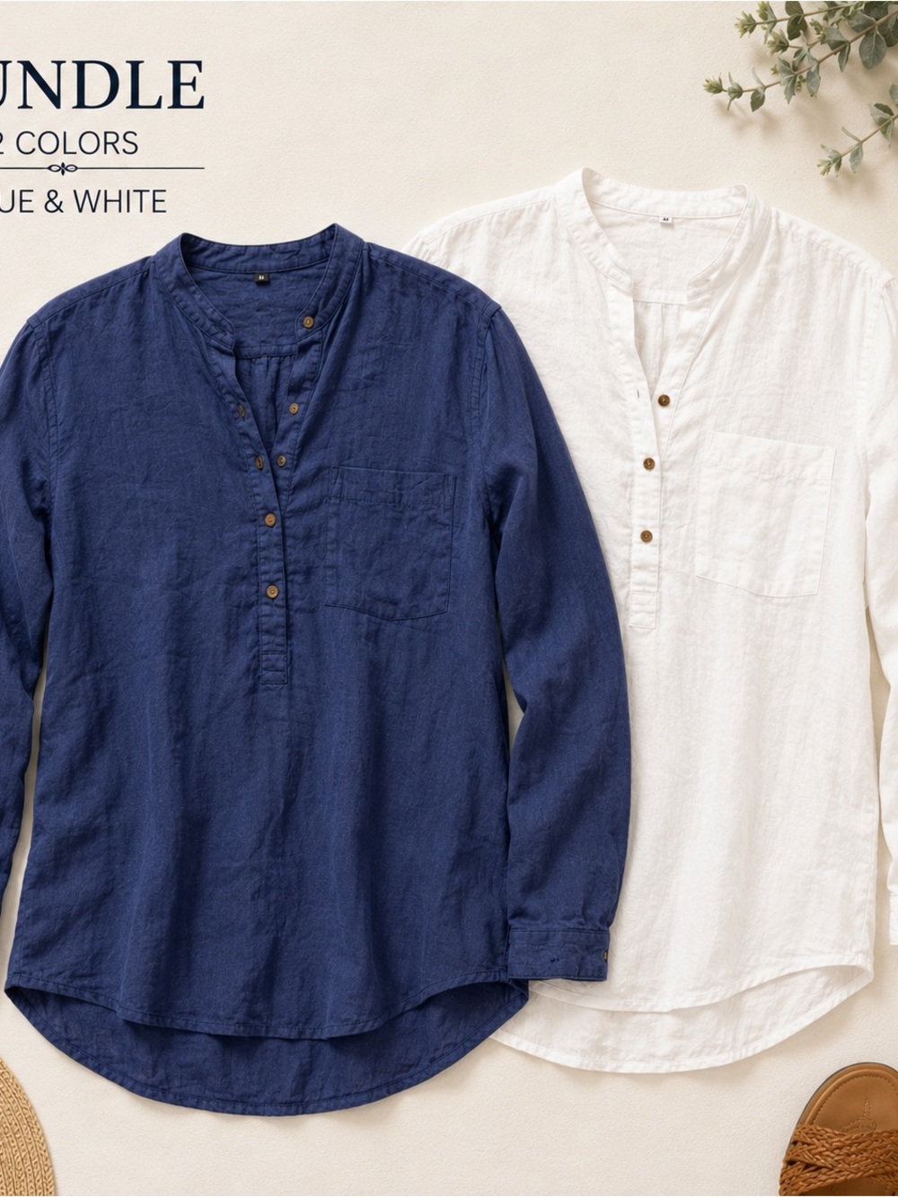 Women’s Linen Blend Henley Tunic Top Bundle Blue & White M